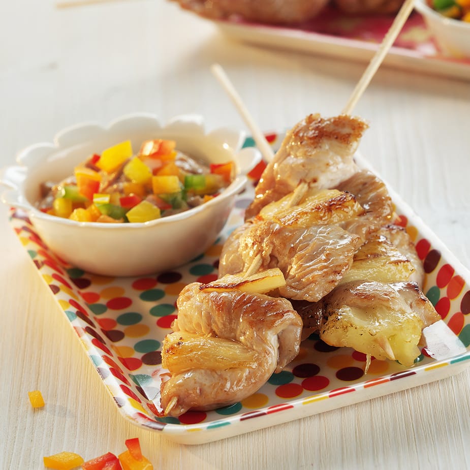 Puten-Ananas Satéspieße mit Konfettidip