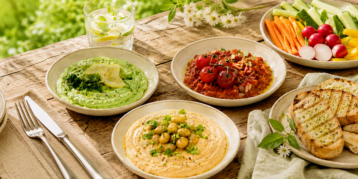 Grilldips im Freien: Bio-Avocado-Dip, Bio-Grilltomaten-Dip und Bio-Bohnen-Dip verzehrfertig auf einem Tisch angerichtet, serviert mit Bio-Knoblauchbaguette und frischem Bio-Gemüse – sommerliche Grilltafel vom BioMarkt.