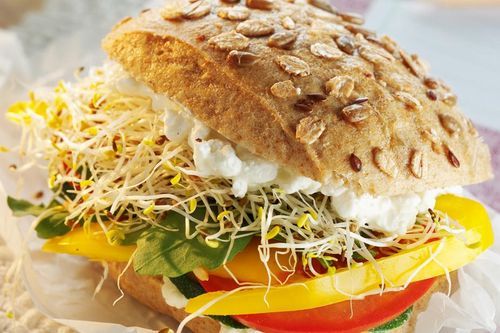 Gemüseburger mit frischem Gemüse, Rucola und Hüttenkäse